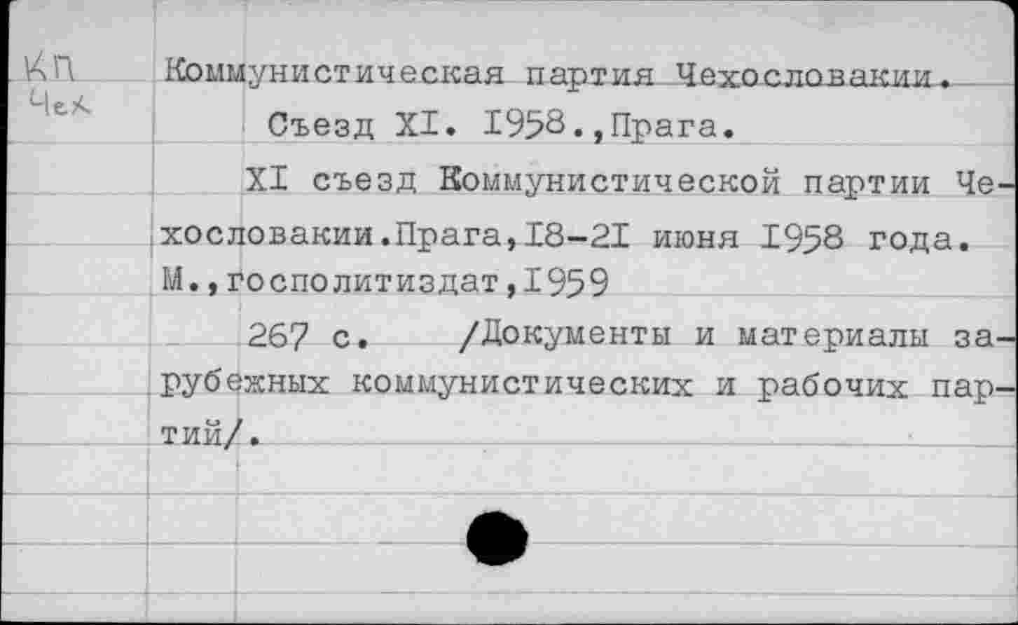 ﻿14П Коммунистическая-партия Чехословакии, и. <
Съезд XI. 1953.,Прага.
XI съезд Коммунистической партии Че хословакии.Прага,18-21 июня 1958 года. М.,госполитиздат,1959
267 с. /Документы и материалы за ^рубежных коммунистических и рабочих пар мйд*____